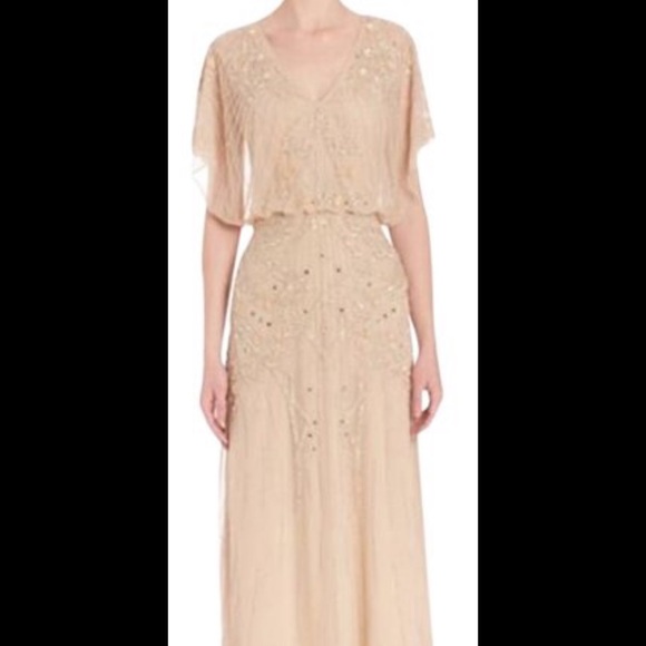 Aidan Matrix Gold Beaded Flutter Sleeve V Neck Gown - Picture 1 of 6